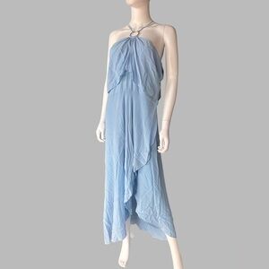 Yigal Azrouel Pale Blue Cold Shoulder Silk Crepe Draped Halter Dress Sz 10